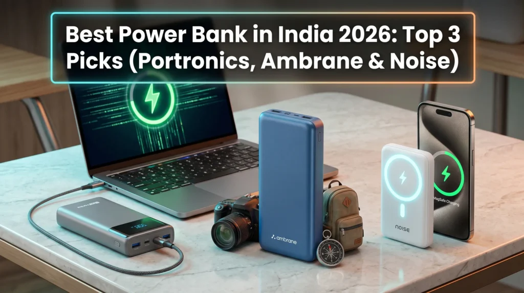 Featured image showcasing the best power bank in india with Portronics laptop charger, Ambrane travel beast, and Noise wireless MagSafe models side-by-side