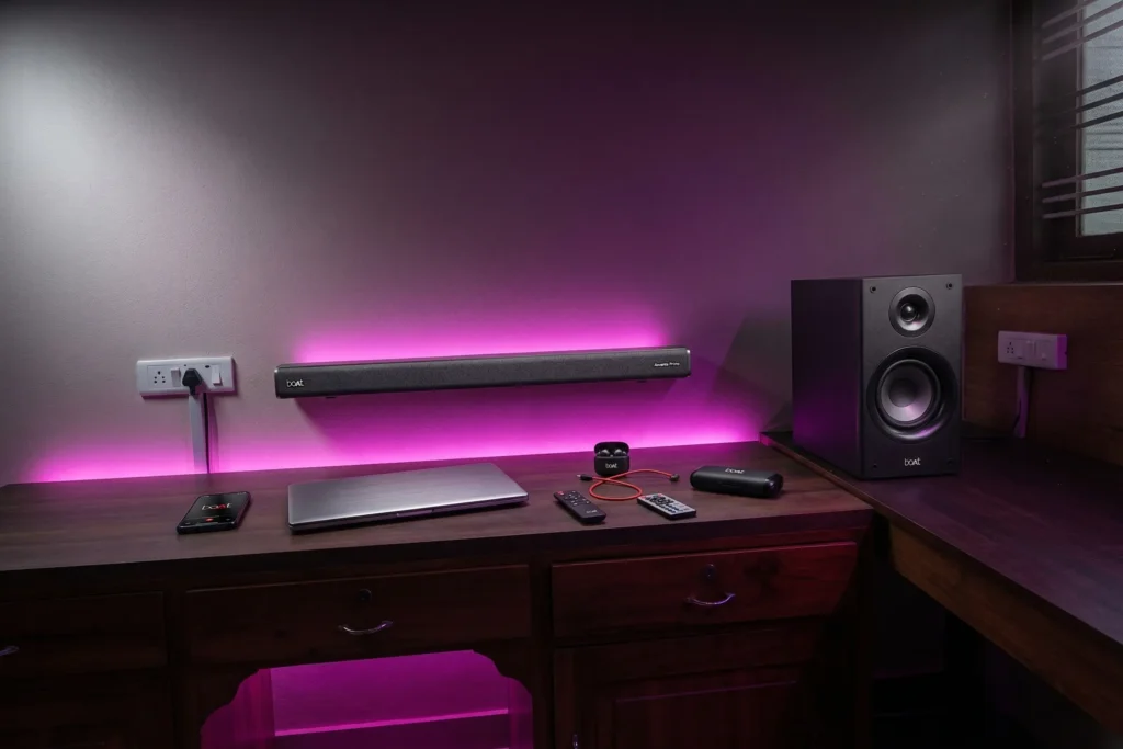 boAt Aavante Prime desk setup. Looking for the Best Soundbar Under 10000 in India with Subwoofer? Check this out.