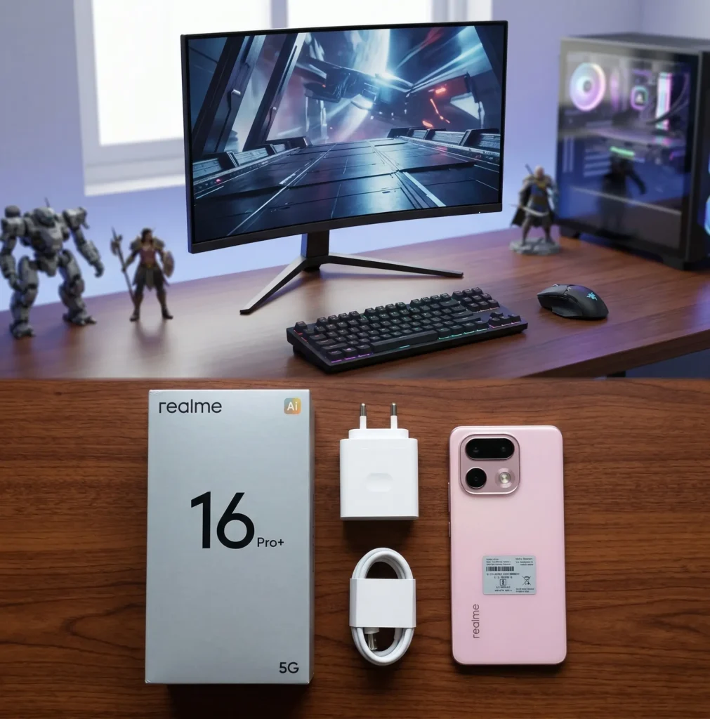 Realme 16 Pro Unboxing and Box Contents Realme 16 Pro unboxing showing box, 67W charger, and gaming setup. Check the latest realme 16 pro price in india today.