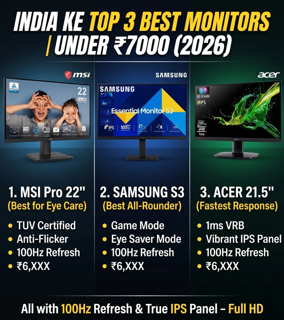 Top 3 best monitor under 7000 in India 2026 including MSI, Samsung and Acer IPS panels