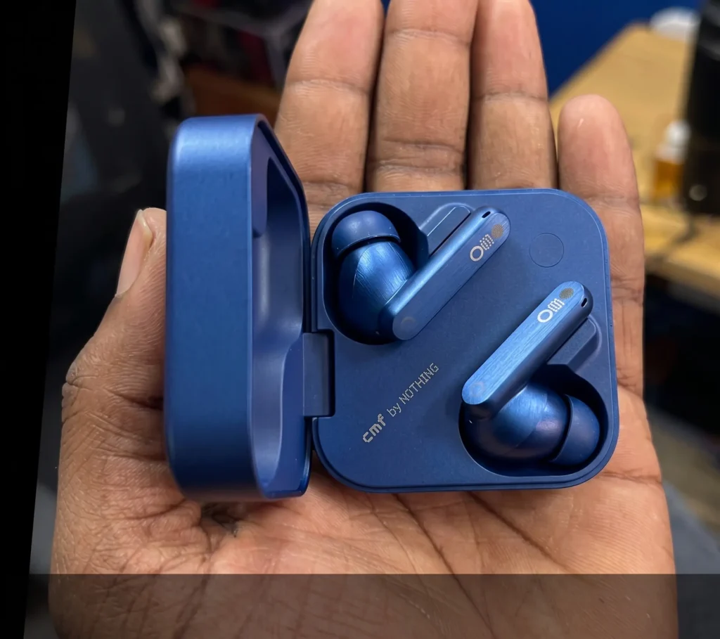 Close up hands-on look at the blue CMF Buds Pro 2 case, a stylish choice for the best earbuds under 5000 in India.
