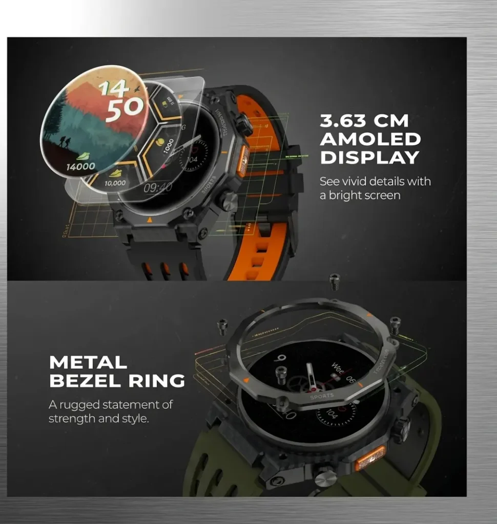 Fastrack Xtreme premium smartwatch exploded view showing rugged metal bezel ring and AMOLED display