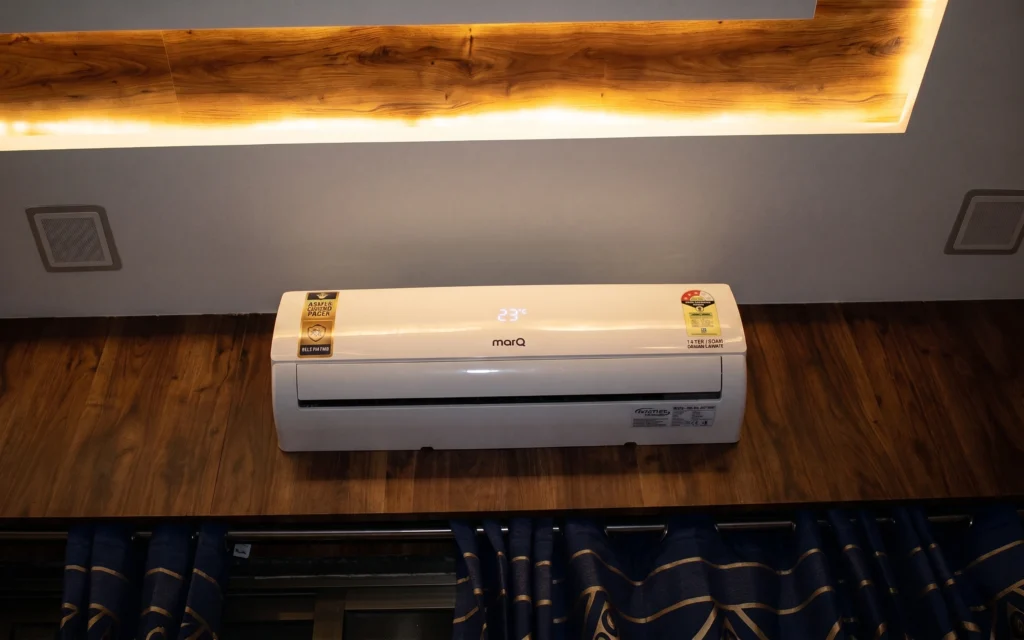 The final installed look of MarQ 1.5 Ton AC in a modern master bedroom, offering affordable and powerful cooling.