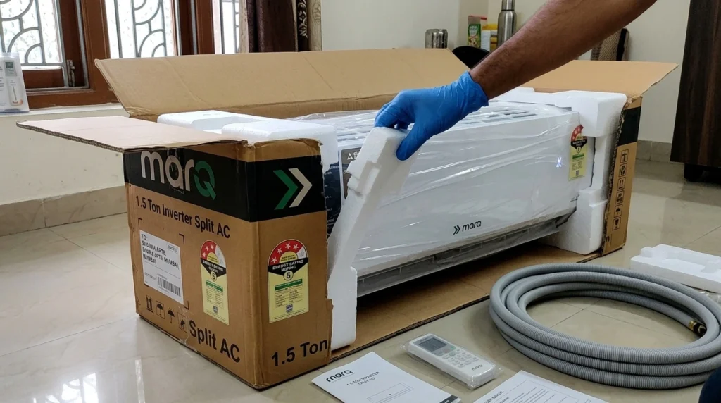 Opening the box of MarQ 1.5 Ton Inverter AC from Flipkart, showcasing the cheapest ac in india for large rooms
