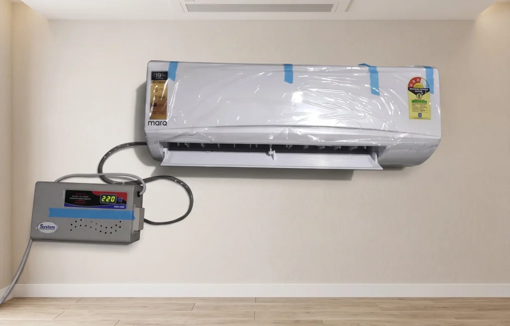 Newly installed MarQ cheapest ac in india paired with an external voltage stabilizer for PCB protection.