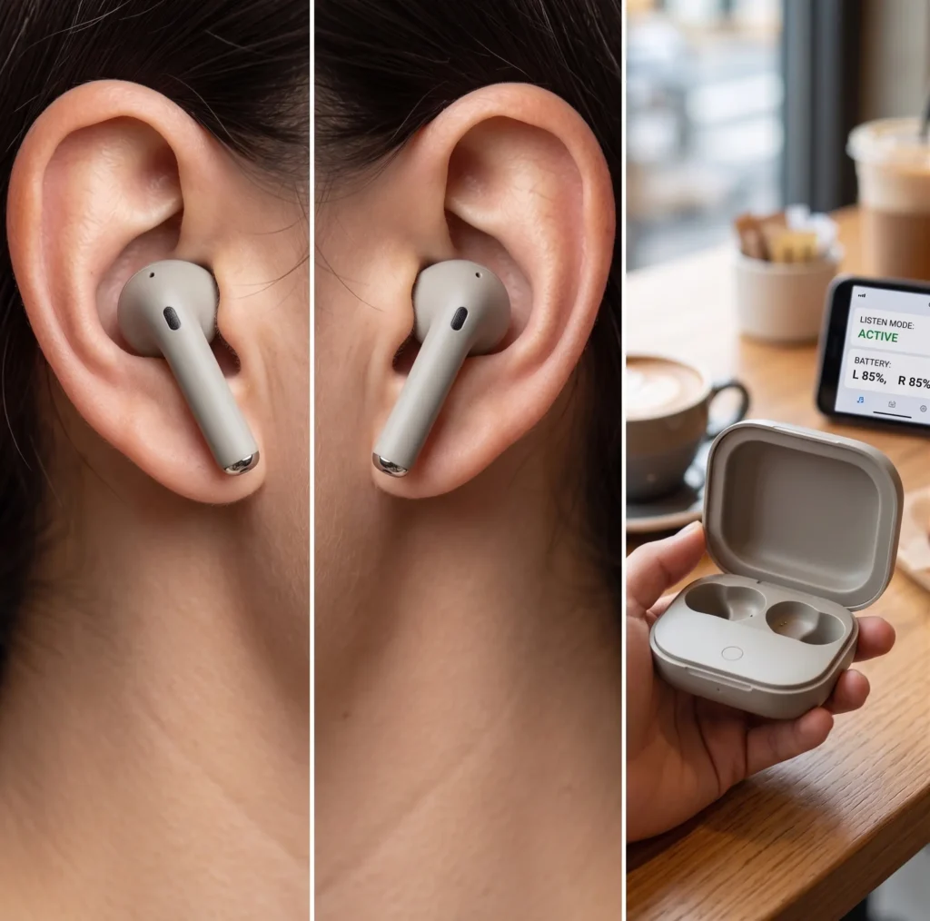 User wearing moto buds+ checking the ANC active mode on smartphone, the best earbuds under 5000 for audiophiles