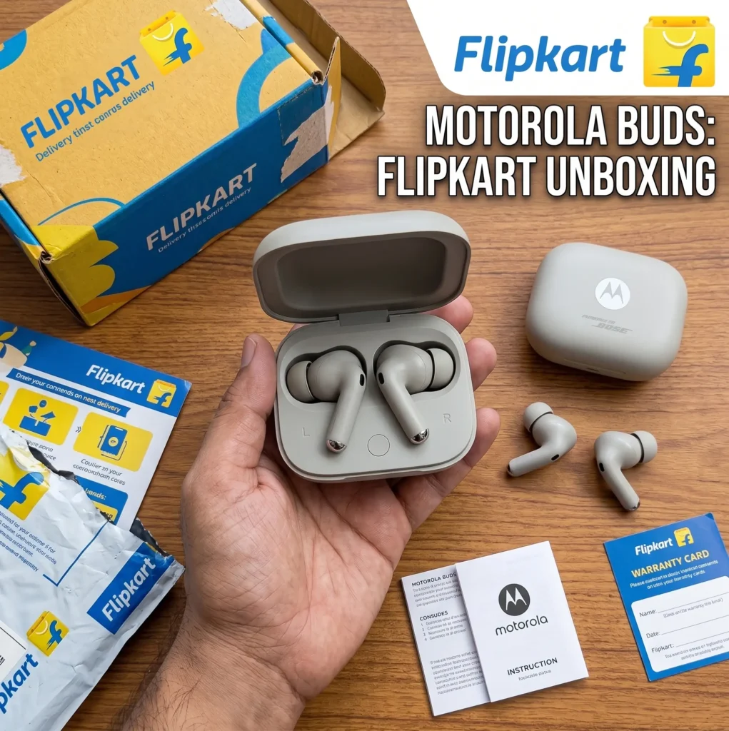 Flipkart unboxing of moto buds+ featuring Bose sound, highly rated as the best earbuds under 5000 in India.