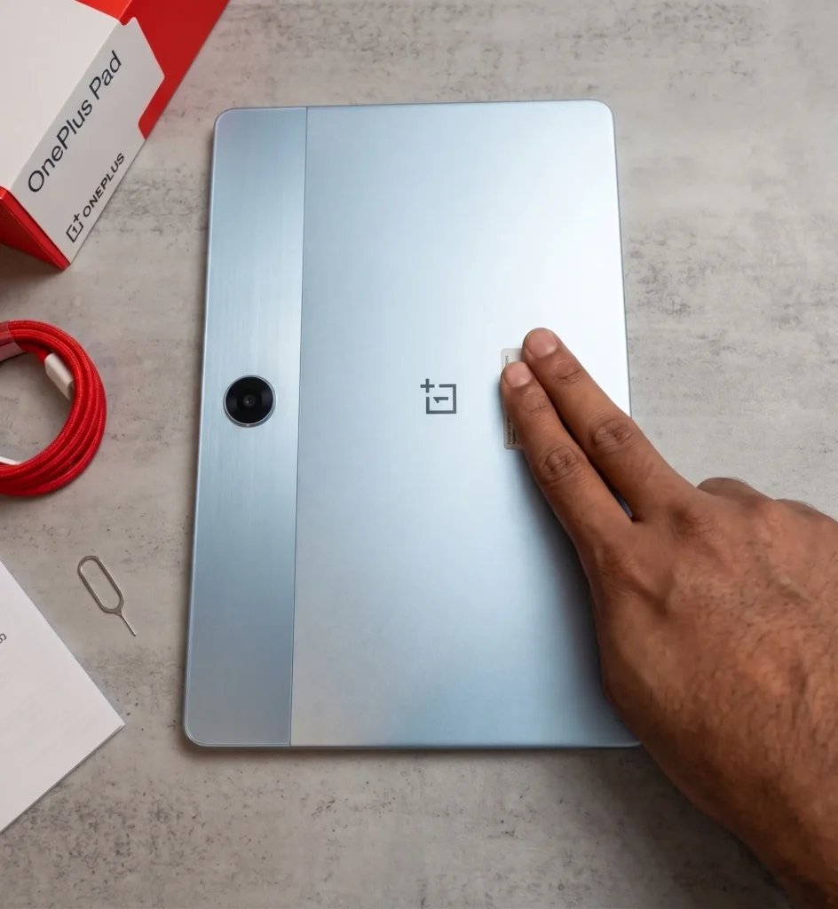 Hands-on review of OnePlus Pad Lite showing its premium metal-like back design in Aero Blue color