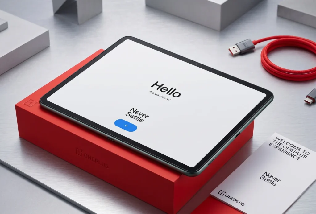 OnePlus Pad Lite unboxing showing the front screen with Never Settle logo resting on its red retail box