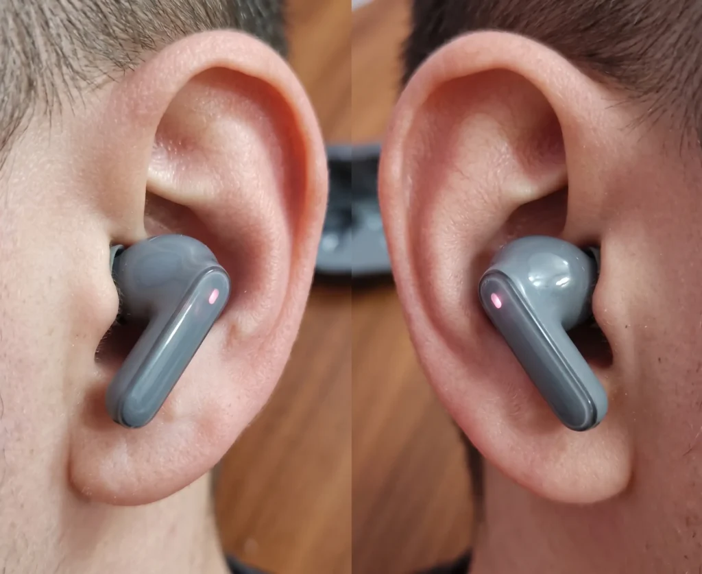 Close-up view of realme Buds Air 8, a premium best earbuds under 5000 with dual dynamic drivers.