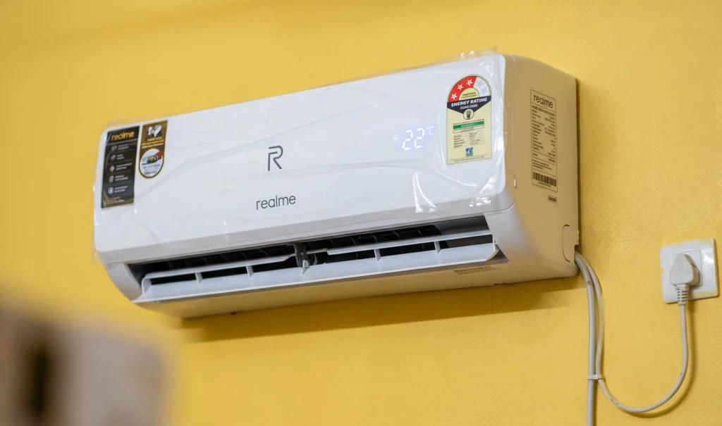 realme TechLife smart Wi-Fi AC installed on a wall, offering great power savings as the cheapest ac in india