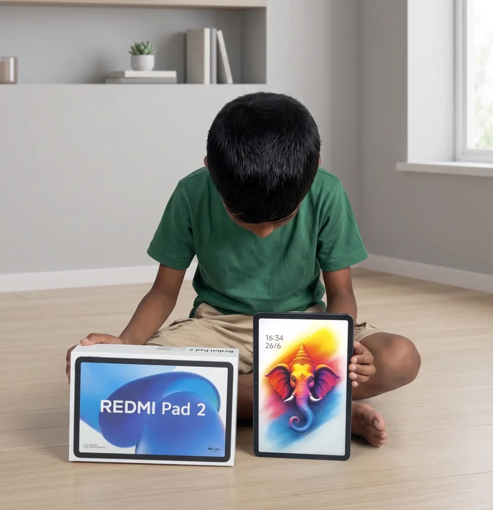 Young boy sitting on the floor holding the new Redmi Pad 2 tablet and its retail box showing a vibrant display