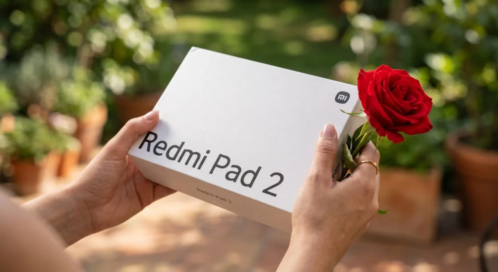 Hands holding the white Redmi Pad 2 unboxing retail box with a red rose in a garden setting