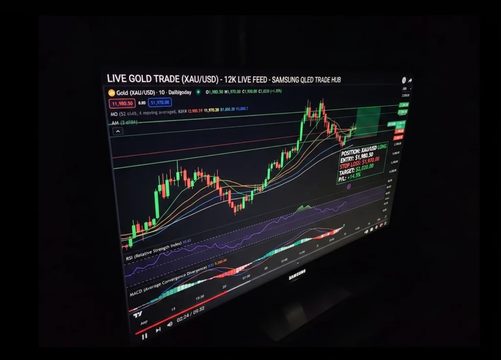 amsung S3 budget monitor used for live stock trading charts in a dark room highlighting screen clarity