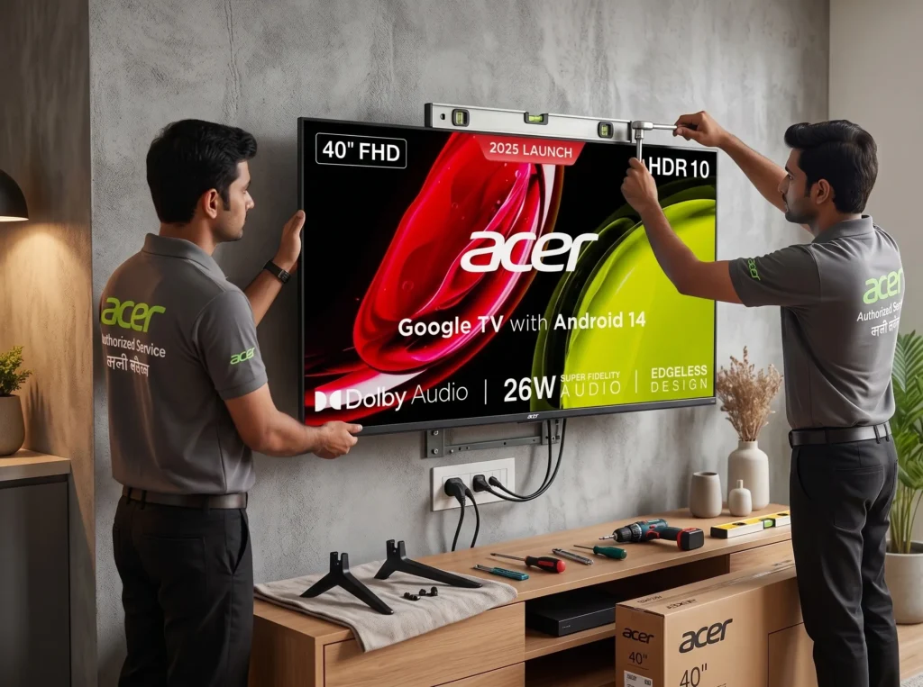 Authorized service team performing professional installation of Acer 40-inch Smart TV
