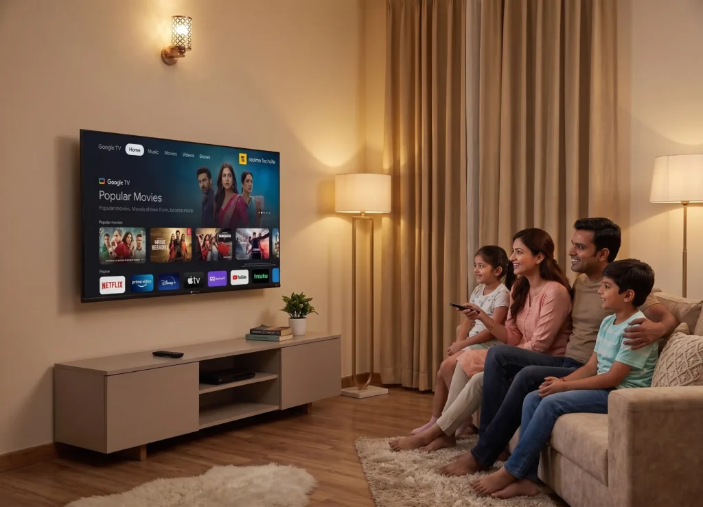 Family enjoying FIFA World Cup 2026 on Realme TechLife 40 inch QLED Smart TV