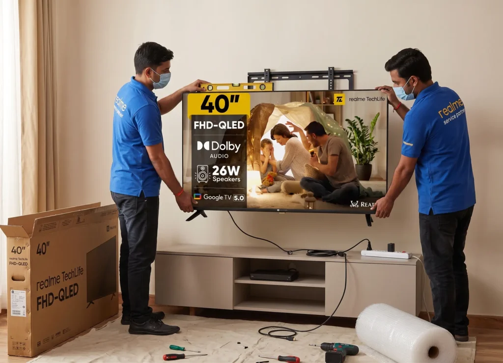 Professional installation and service team setting up Realme TechLife Smart TV