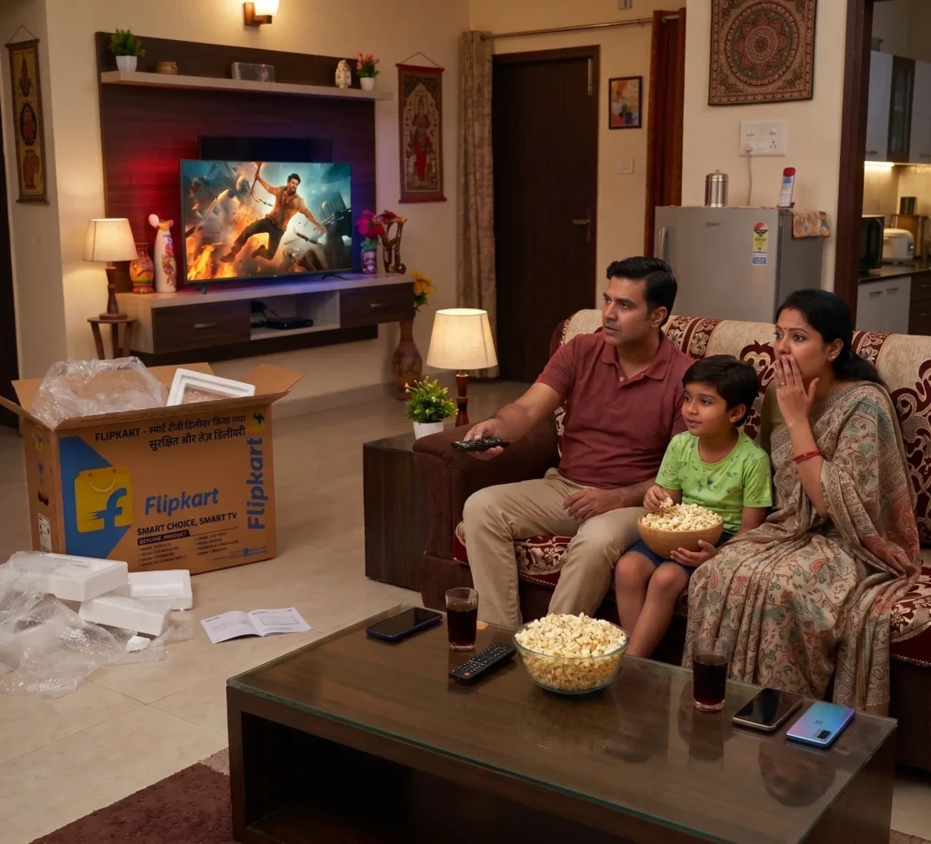 Family enjoying movies and FIFA World Cup on Reliance 43-inch Cloud Smart TV
