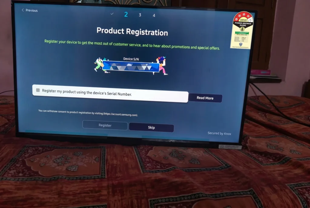 amsung Tizen OS setup and registration interface on 32 inch TV