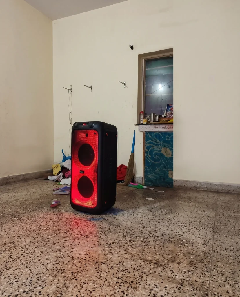 boAt PartyPal 390 speaker with red LED lights tested in a home setup for boAt PartyPal 390 vs Zebronics Axon 200 review