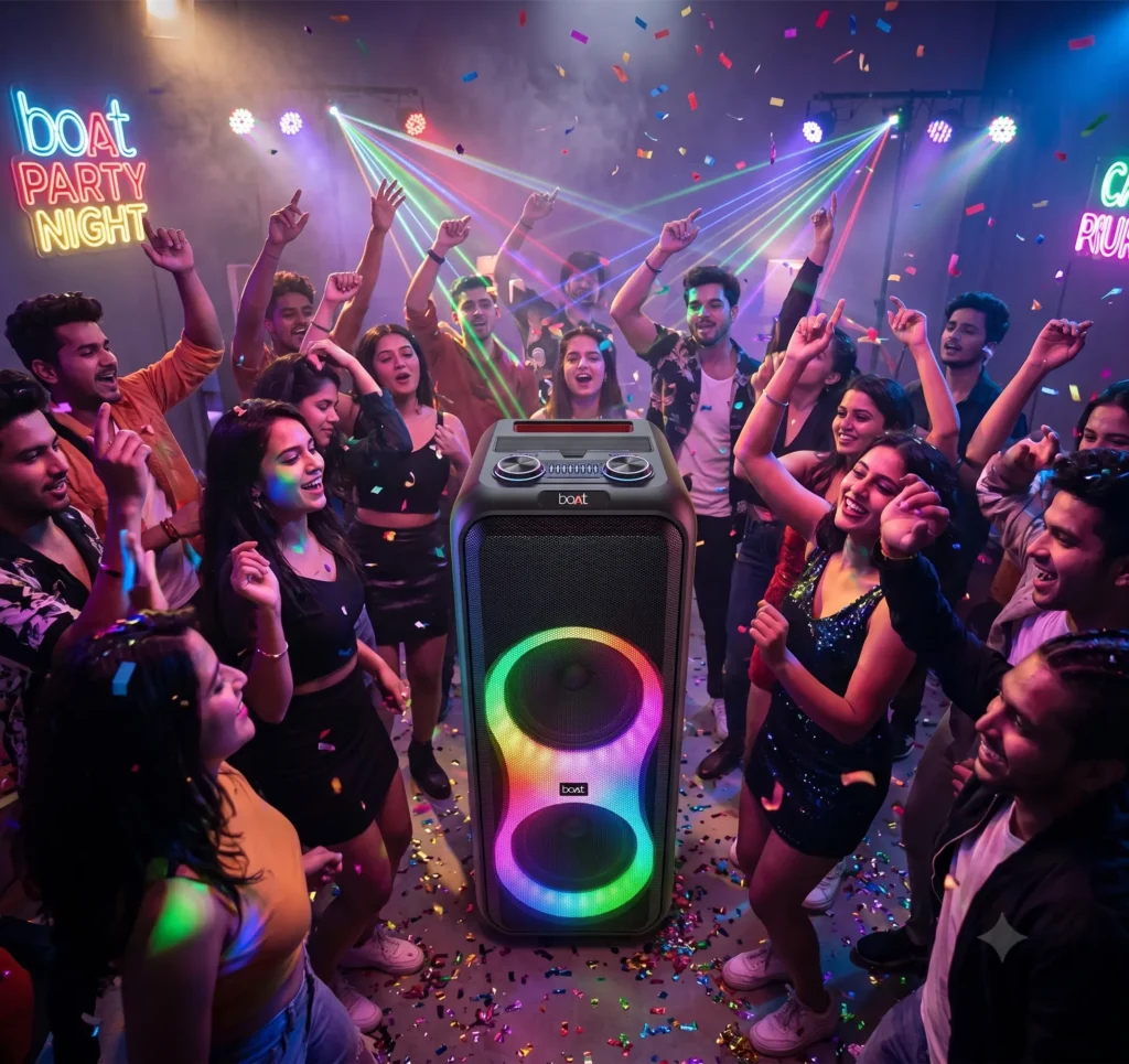 People dancing around boAt PartyPal 390 speaker with laser lights in boAt PartyPal 390 vs Zebronics Axon 200 speaker test