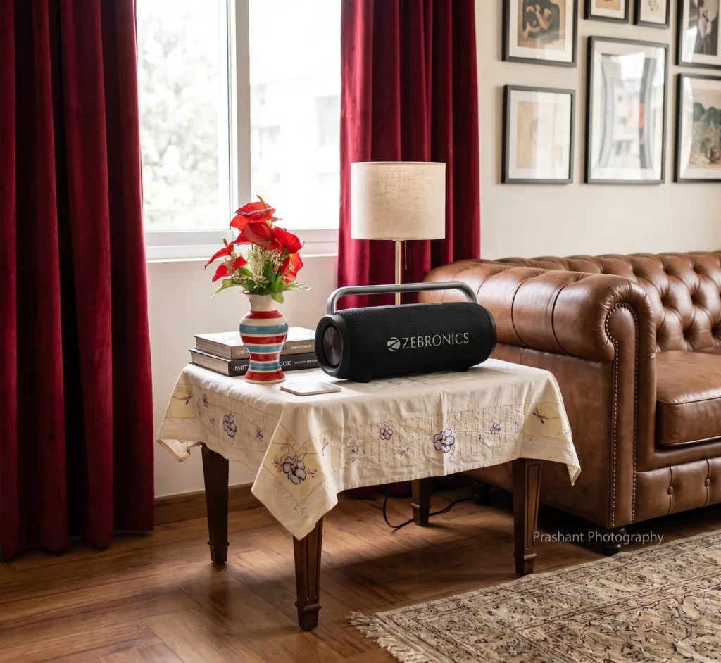 Zebronics Axon 200 speaker placed on a table in a home setup for boAt PartyPal 390 vs Zebronics Axon 200 comparison