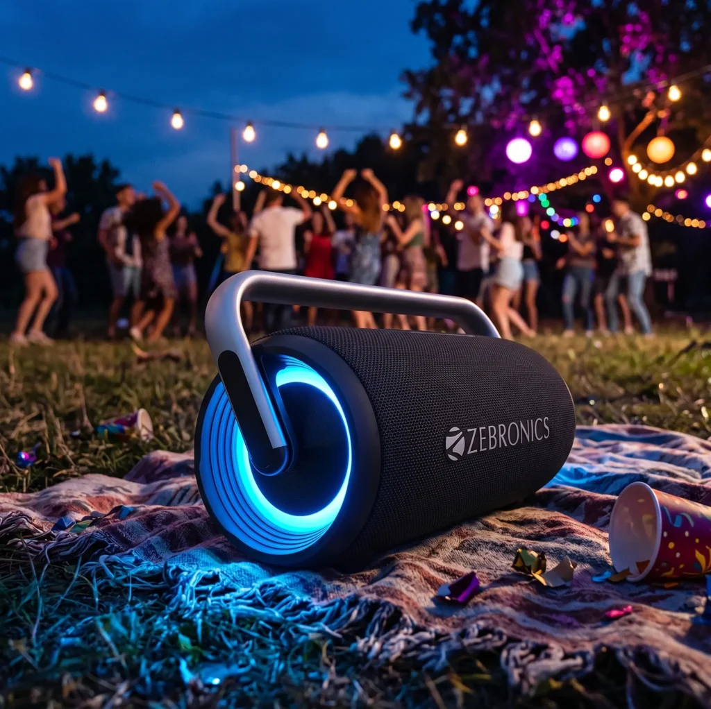 Zebronics Axon 200 with glowing LED lights at an outdoor night party for boAt PartyPal 390 vs Zebronics Axon 200 speaker test