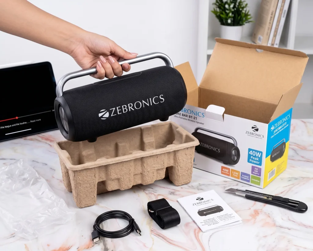 Zebronics Axon 200 unboxing showing box and accessories for boAt PartyPal 390 vs Zebronics Axon 200 review