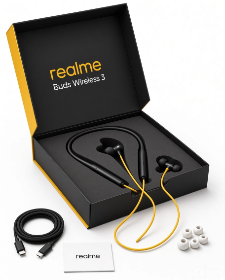 Realme Buds Wireless 3 unboxing box with yellow cable