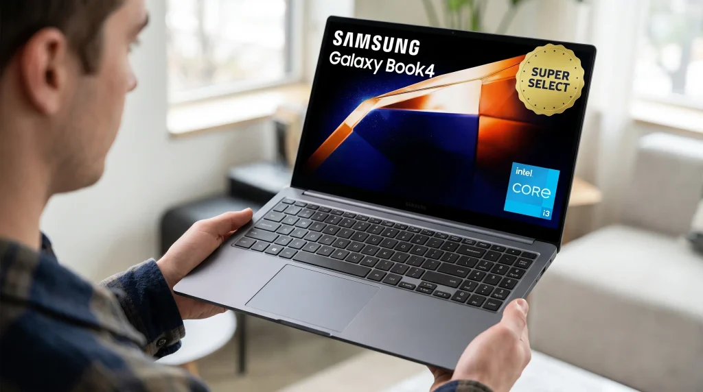 ASUS ExpertBook P1 (Core 3 100U) laptop ka lifestyle shot, jo dikhata hai ki yeh office work aur typing ke liye kaisa lagta hai.