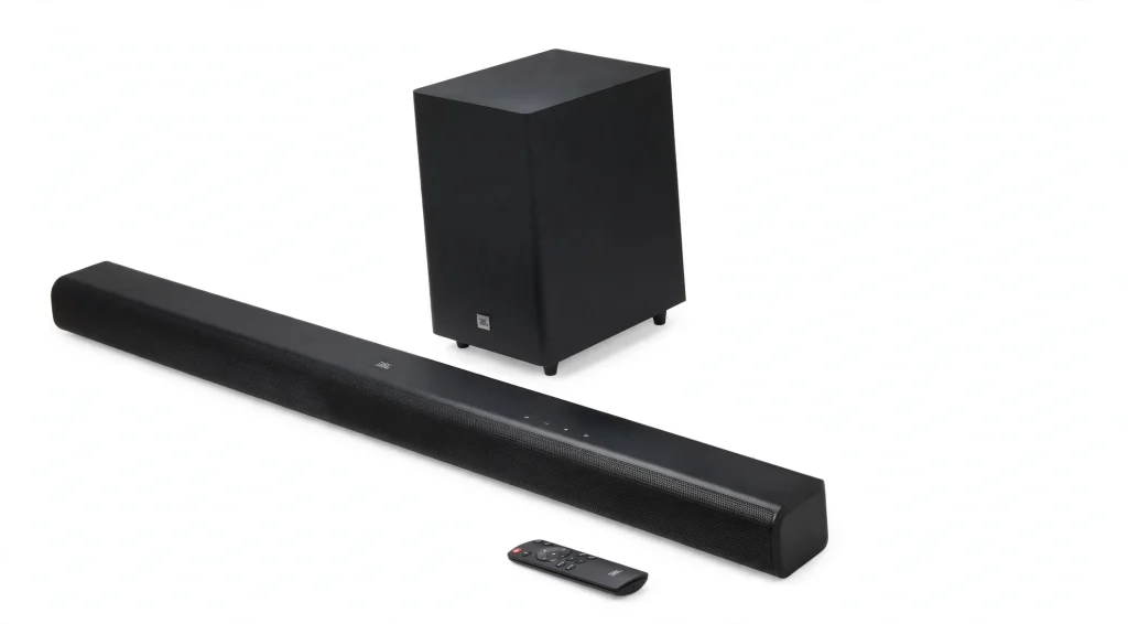 JBL Cinema SB550 soundbar setup with remote control for TV