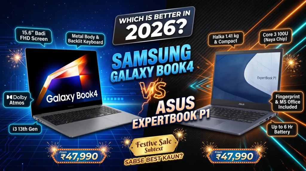 Samsung Galaxy Book4 vs ASUS ExpertBook P1 comparison 2026 festive sale