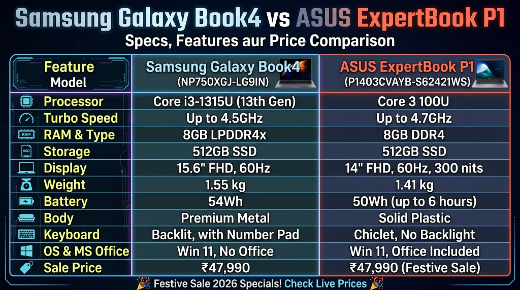 Samsung Galaxy Book4 vs ASUS ExpertBook P1 specs and price comparison table