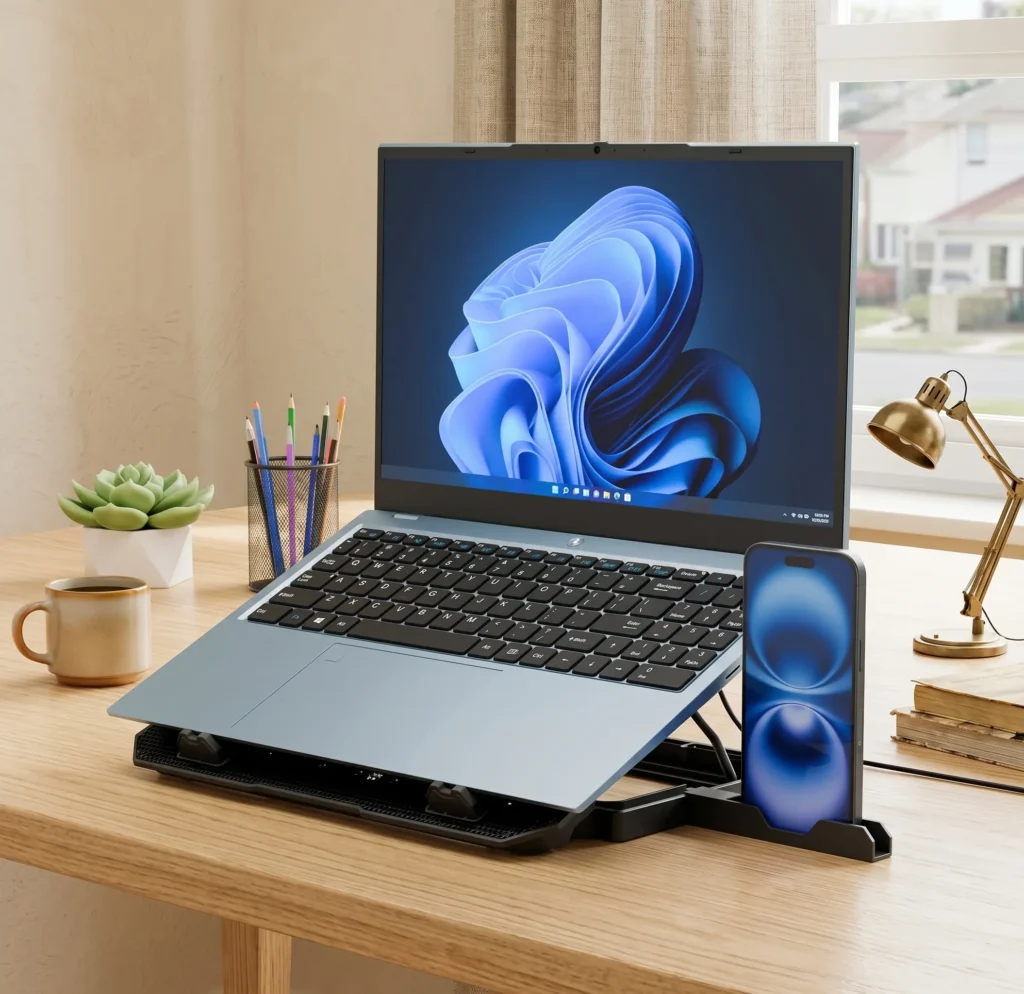Desk setup with Zebronics NC3500 best laptop cooling pad under 1000